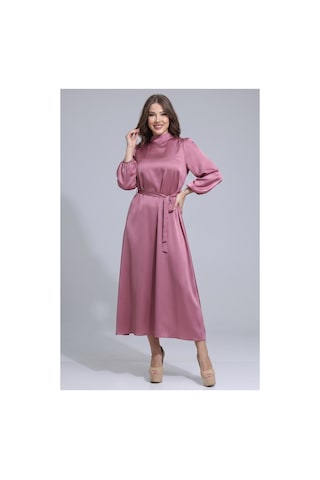 Dorne Moda Kemerli Dik Yaka Uzun Kollu Midi Boy Saten Elbise - Düğün - Mezuniyet - Ofis Şıklığı Pembe Pembe