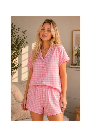 Rindahomewear Pembe Ekose Pamuklu Örme Kumaş Düğmeli Şortlu Takım Pembe Ekose