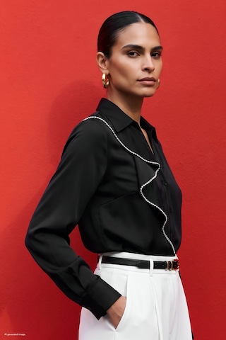 Sateen Fırfır Ve Aksesuar Detaylı Gömlek - Siyah-137975