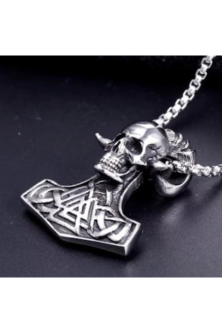 Viking Mitolojik Valknut Mjolnir Kafatası Kurukafa Kolye Gümüş