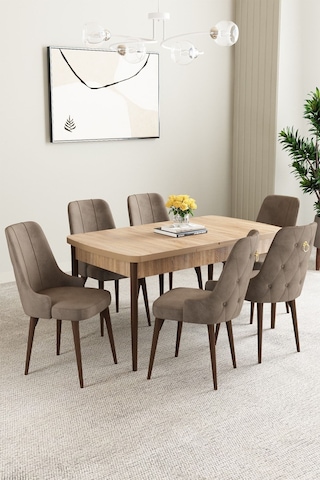 Clara Meşe Desen 80x132 Açılabilir Mdf Masa Yemek Odası Takımı,mutfak Takımı 6 Adet Sandalye Cappucino