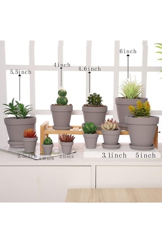 Gri Terra Cotta Tencere Tabağı İle - 6'li Paket Küçük Pişmiş Toprak Saksı Kil Saksıları 4'' Kil Seramik Çöml Standart