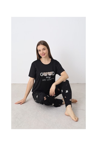 Elitol Nakışlı Milan Örme Kısa Kol Kadın Pijama Takımı Desenli-5