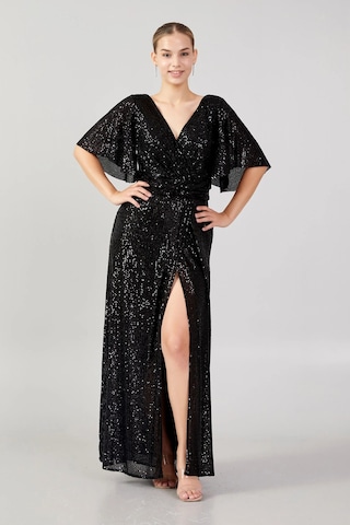 Doridorca Kadın Büyük Beden V Yaka Pul Payet Maxi Abiye Elbise 5041 Siyah Siyah