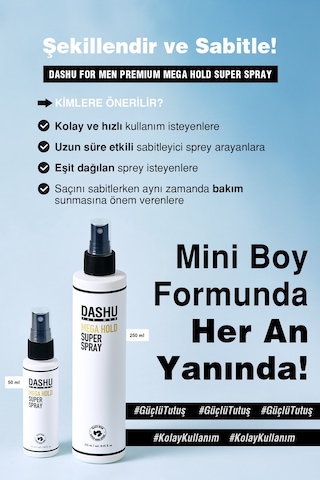Hızlı Kuruyan, Ultra Güçlü Tutuşa Sahip Saç Şekillendirici Sprey Dashu For Men Mega Hold Super Spray 50ml