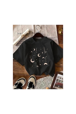 Medinenur Çoklu Ay Desen Baskılı Basic T-shirt Siyah