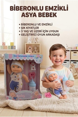 Oyun Arkadaşım Asya Bebek 4 Parçalı Biberonlu Emzikli Hayvan Figürlü 18cm Eğitici Oyuncak Bebek 1