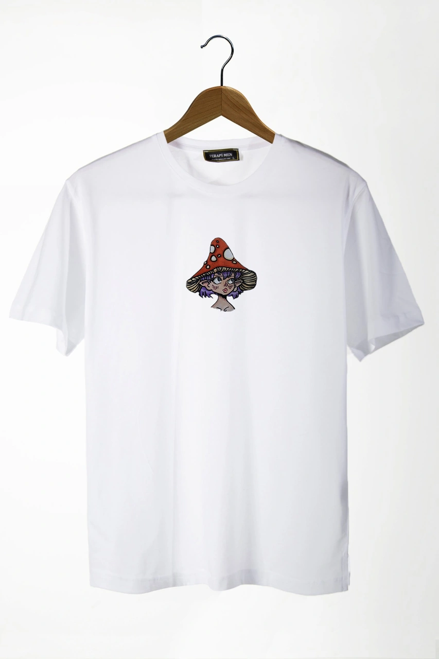 Veaven Kadın Beyaz Bisiklet Yaka Önü Mantar Şapkalı Kız Baskılı Oversize T-shirt Beyaz