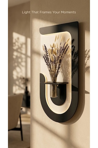 Akasya Ahşap Pilli Ledli İskandinav Tarzı Salon Duvar Rafı Modern Çiçeklik 40 X 75 Cm Parisgrisi - Antrasit
