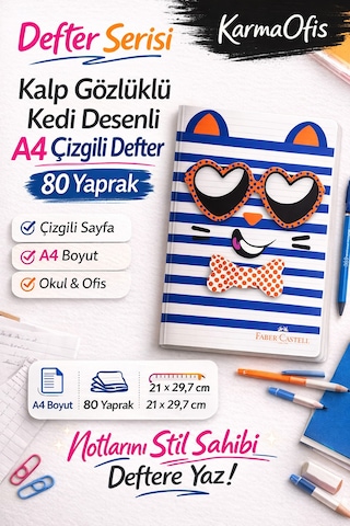 Kedi Desenli A4 Çizgili Defter 80 Yaprak 4'lü Set Kalp Gözlü,büyük Gözlü,pembe Ve Siyah Kedi Tasarım