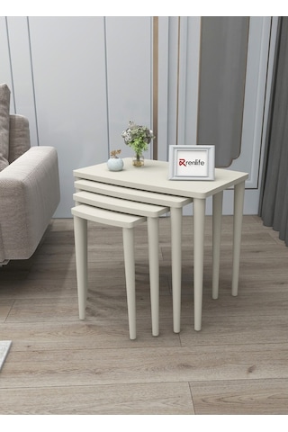 Renlife Krem Boyalı 4 Lü Lüx Mdf Zigon Sehpa Takımı Krem Krem Krem Ayaklı
