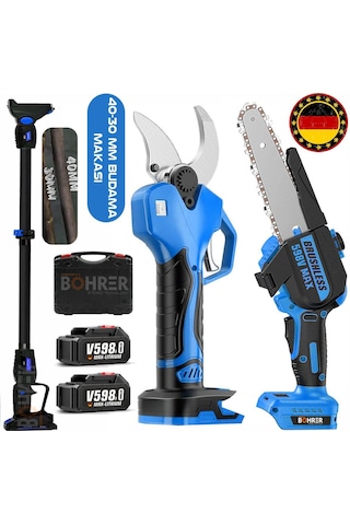 Böhrer Alman Pro 40-30 MM Çift Kademe Çift Akü V258 Yağlı Budama Makası + Budama Testeresi Seti 2'li