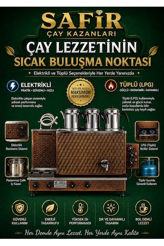 3 Gözlü Bakır Çay Kazanı Elektrik + Tüplü Bakır Çay Semaveri Lpg Li Yıldız Model Bakır Çay Ocağı Kazanı Vip Plus