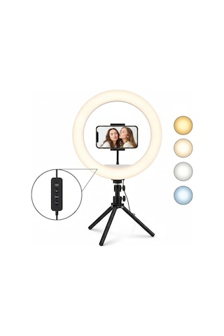 Tripodlu Led Ring Light Halka Aydınlatma Telefon Tutuculu, 3 Renk Modu, 10 Seviye Parlaklık