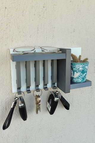 Gri Anahtarlık Askısı 13 X 24 Cm Duvar Süsü Plastik Duvara Yapışt Beyaz