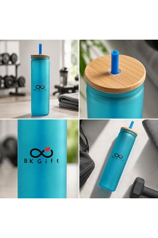 Logonuza Özel 10 Adet Plastik Pipetli Bambu Kapaklı 500 Ml Cam Suluk - Mavi