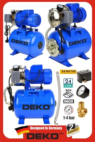 Deko Dk1540j 1.5hp Paslanmaz Jet Su Motoru + 24lt Tanklı Hidrofor Seti 4kat 4daire Full Bakır Sargı