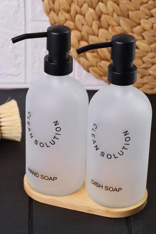 2'li Sablaj Cam Beyaz Sıvı Sabunluk Seti Standlı Beyaz