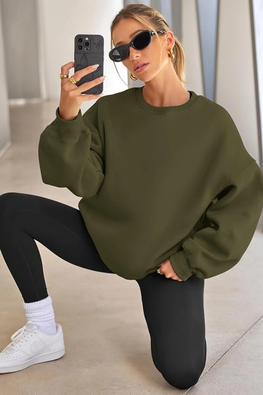 Genıus Store Kadın Sweatshirt Oversize Geniş Kalıp İçi Şardonlu Bisiklet Yaka Oversize Sweatshirt Kadın-sweatshırt Haki