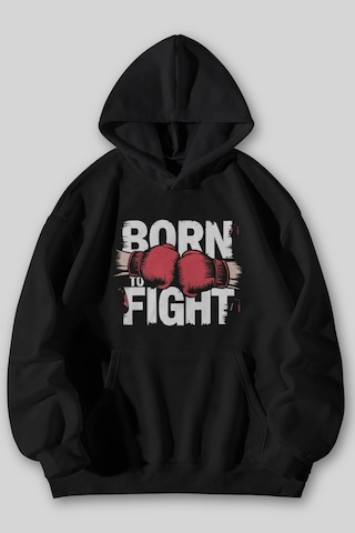 Harmandar Born To Fight Baskılı Unisex Siyah Kanguru Cepli Kapüşonlu Sweatshirt Hoodie Siyah