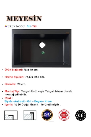 Meyesin ME-78S Granit Tek Gözlü Mutfak Evyesi Siyah 78 x 49 CM