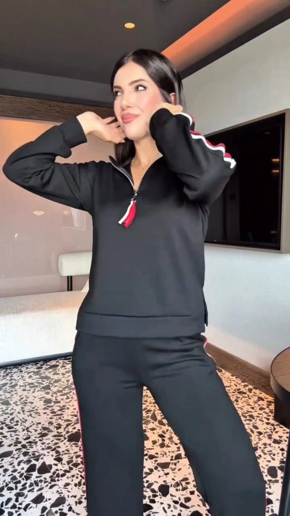 Tua Moda Kadın Uzun Kollu Fermuarlı Viskon Iki Iplik Bluz Ve Pantolon Ikili Takım Siyah