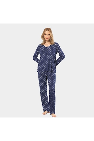 Türen Çiçek Desenli Uzun Kollu Patlı Pijama Takımı 3382/lacivert 001