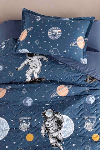 %100 Pamuk Tek Kişilik Kapitoneli Dört Mevsim Pike Yatak Örtüsü Galaxy Lacivert