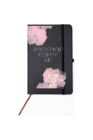 Hayallerinin Peşinden Git Yazılı Çiçek Desenli Kişiye Özel Deri Kapak Defter Siyah