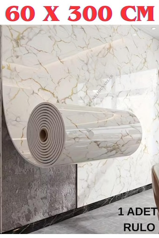 60cmx300cm Tek Parça Yapışkanlı Rulo Mermer Desenli Duvar Paneli Kağıdı Silinebilir Ls-6010-böte Altın - Beyaz