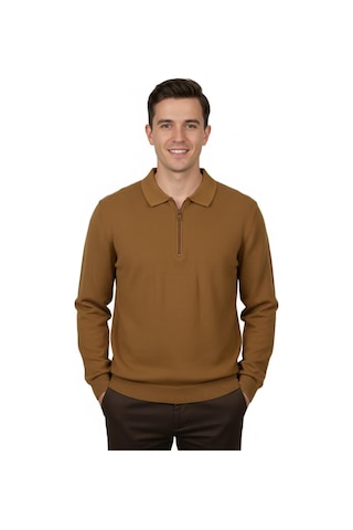 Erkek Regular Fit Polo Yaka Petek Triko Kazak Bgl-st04825 Camel