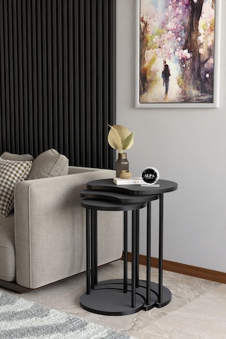 Modern Elma 3 Lü Zigon Sehpa Metal Ayaklı İç İçe Geçmeli Orta Sehpa Takımı Antrasit