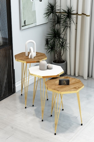3'lü Sekizgen Zigon Sehpa Seti - Gold Metal Ayaklı, Modern & Şık Yan Sehpa, Dayanıklı Salon Ofis Beyaz Atlantik Çam