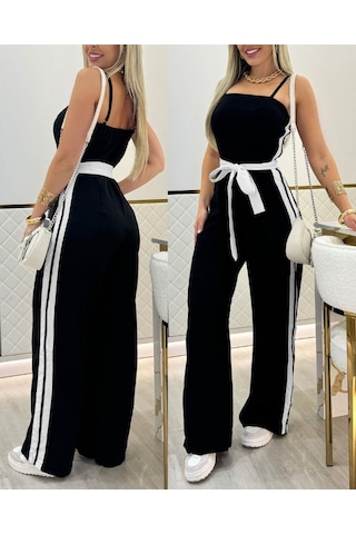Efnaz Style Kadın Ip Askılı Straplez Belden Kuşaklı Viskon Iki Iplik Tulum Siyah