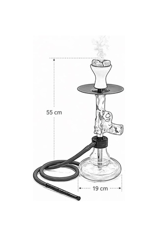 Modern Cam Nargile Takımı 55 Cm Şeffaf Taban 19 Cm Seramik Lüleli, Kalın Hortumlu Premium Nargile Seti