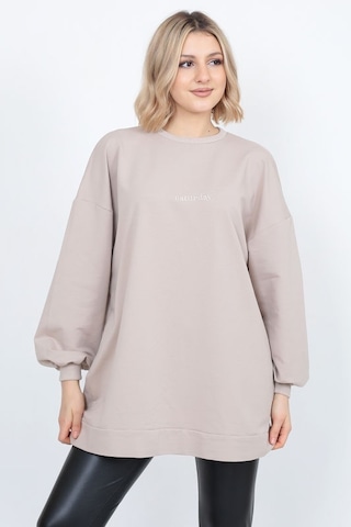 Kadın Uzun Kollu Oversize Sweatshirt Nakişli Bej