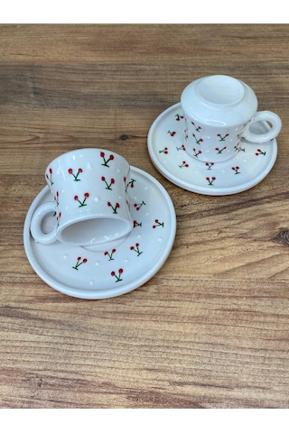 Kiraz Desenli El Yapımı Seramik Kupa, Mug, Türk Kahvesi