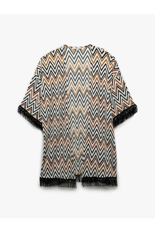 Koton Rahat Kalıp Püsküllü Geometrik Desenli Uzun Kimono Kahverengi Desenli 5sak30099ek Kahverengi Desenli