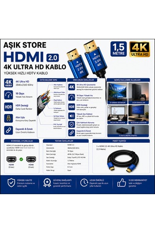 Hdmı 2.0 Kablo 1,5 Metre 4k Ultra Hd 18gbps Altın Uçlu Hdr Destekli Tv Monitör Ps5 Xbox Laptop Uyumlu