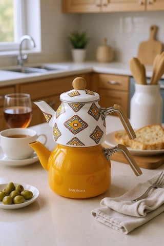 Bambum Unique - Bambu Kulplu Çaydanlık Takımı Hardal Sarı