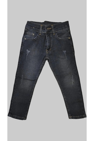 Erkek Çocuk Denim Çizgili Füme Tırktılı Ligralı Kot Pantolon Füme