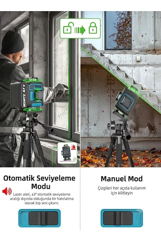 Schatz 360 3.7v Çift Akülü 12 Köşe Otomatik Hizalamalı Kumandalı Yeşil Çizgili Lazer Hizalama Makinesi Mavi