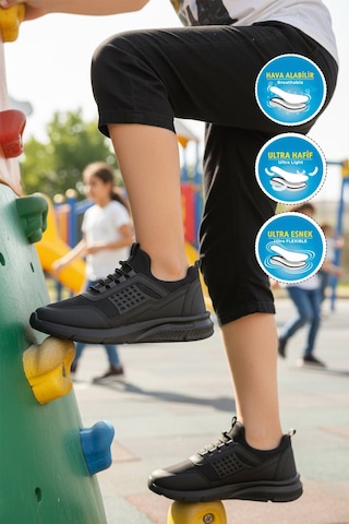 Walkway Siyah Füme Fileli Hafif Esnek Unisex Çocuk Spor Ayakkabı 9060 Motano F Siyah-füme