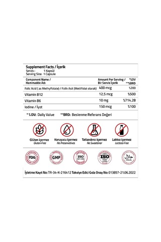 Folat Qatrefolic 400 Mcg + Vitamin B12 + Vitamin B6 + Iodine 60 Capsules