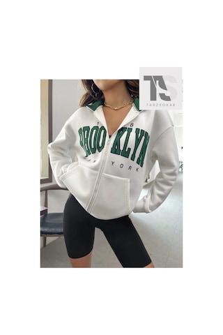 Tarzsokak Beyaz Yeşil Kapüşonlu Fermuarli Brooklyn Oversize