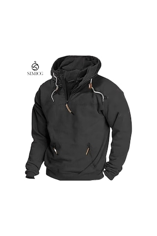 Sonbahar Ve Kış İçin Erkek Düz Renk Kapüşonlu Günlük Sweatshirt Siyah