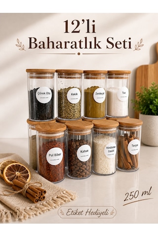 12'li Pinterest Akrilik Baharatlık Seti - Etiketli Mutfak Düzenleyici Vakum Kapaklı Baharat Saklama Kabı 250 Ml Şeffaf