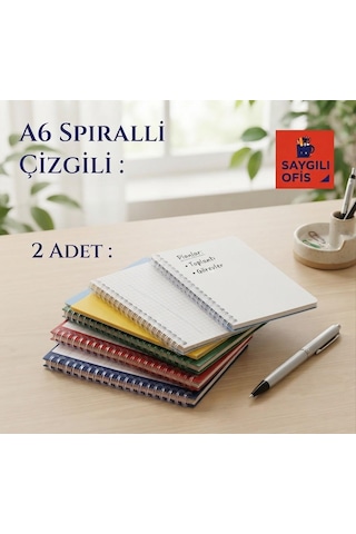 Saygılıofis Spiralli Pp. Kapak Ödev Defteri A6 60 Yaprak Çizgili Not Defteri Telli 2 Adet Çok Renkli