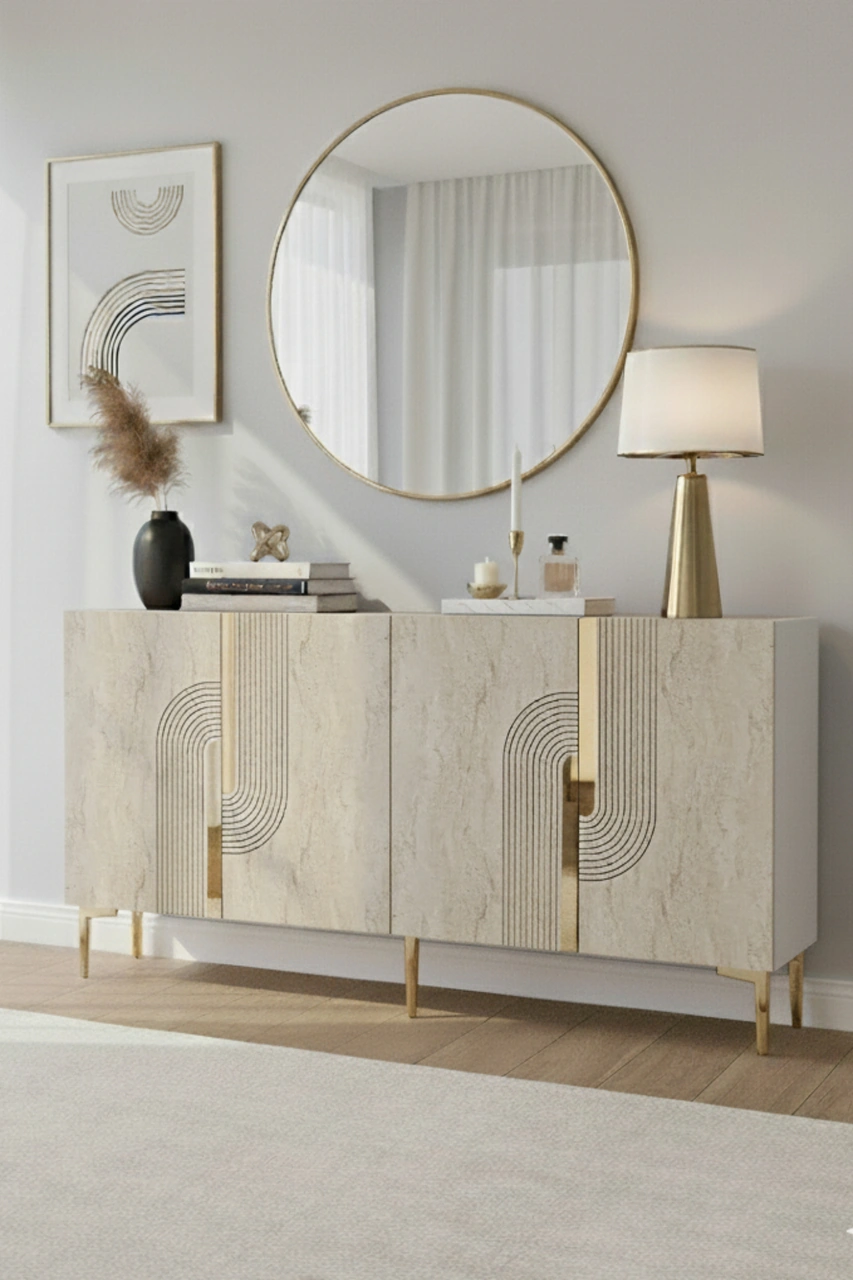 Ka1516btg Meyra150 Konsol, Kahve Köşesi, Tv Sehpası Beyaz-traverten Kapak-gold 150cm Çok Renkli