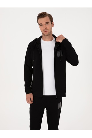 Siyah Regular Fit Pamuk Karışımlı Tam Fermuarlı Kapüşonlu Sweatshirt